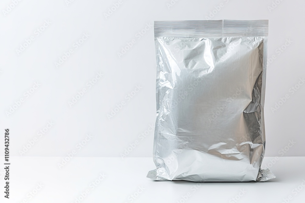Silver sealed pouch standing on white surface with neutral background Silver sealed pouch standing on white surface with neutral background