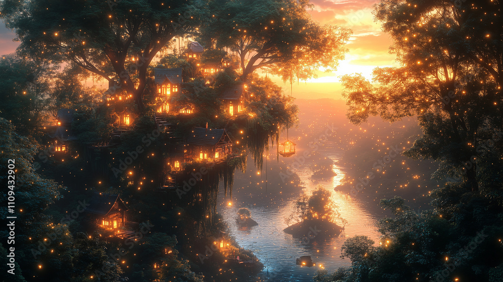 Whimsical fantasy landscape with floating lights in a magical tree village at dusk Whimsical fantasy landscape with floating lights in a magical tree village at dusk
