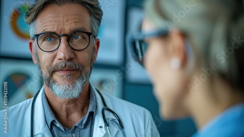 A focused doctor engages in a conversation with a patient in a modern healthcare setting.