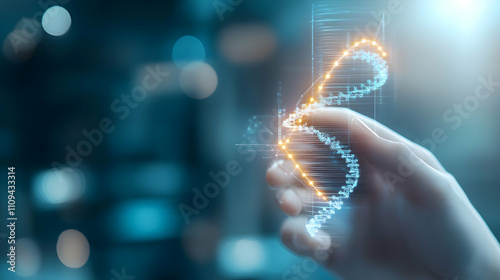 Biotechnology lab with transparent digital screens displaying genetic data, modern research facility photo