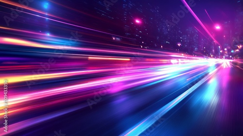 Vibrant light trails streak across a city road at night, conveying speed and energy.