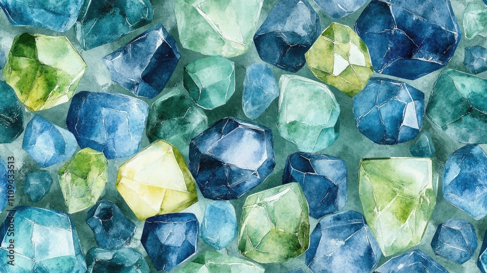 Seamless pattern featuring hand painted watercolor green and blue gems ideal for digital paper design and scrapbook crafting Seamless pattern featuring hand painted watercolor green and blue gems ideal for digital paper design and scrapbook crafting