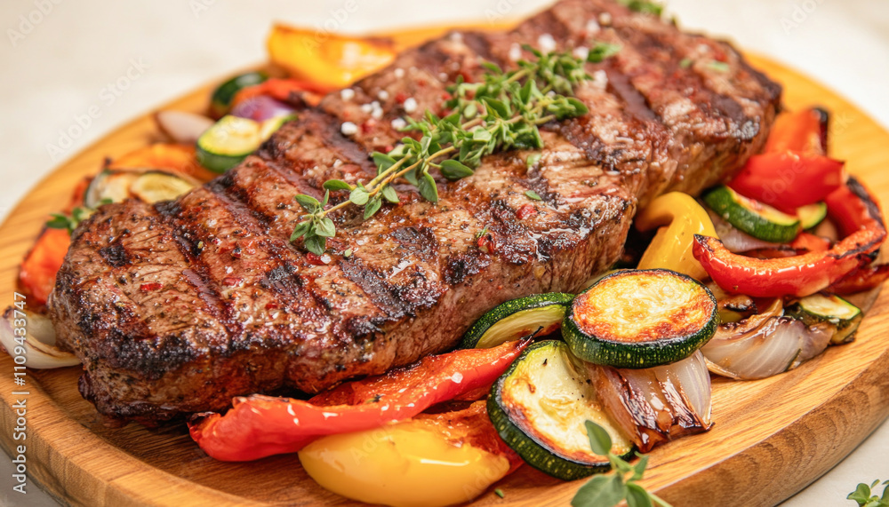 Grilled beef steak with thyme and grilled vegetables on wooden board Grilled beef steak with thyme and grilled vegetables on wooden board