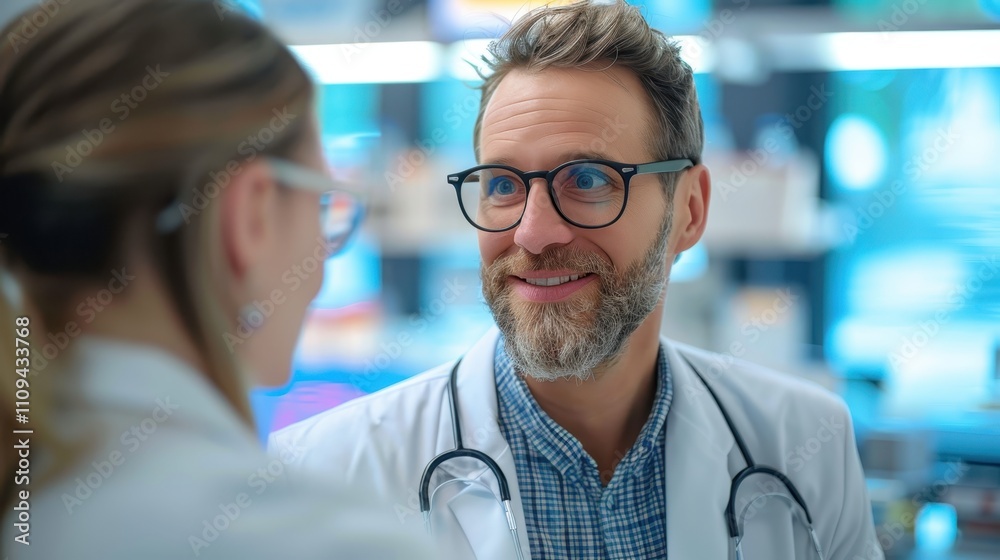 A friendly doctor smiles while engaging in conversation with a colleague in a modern medical environment. A friendly doctor smiles while engaging in conversation with a colleague in a modern medical environment.