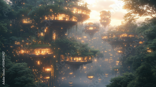 Whimsical floating village adorned with glowing lights in a fantasy landscape at dusk photo