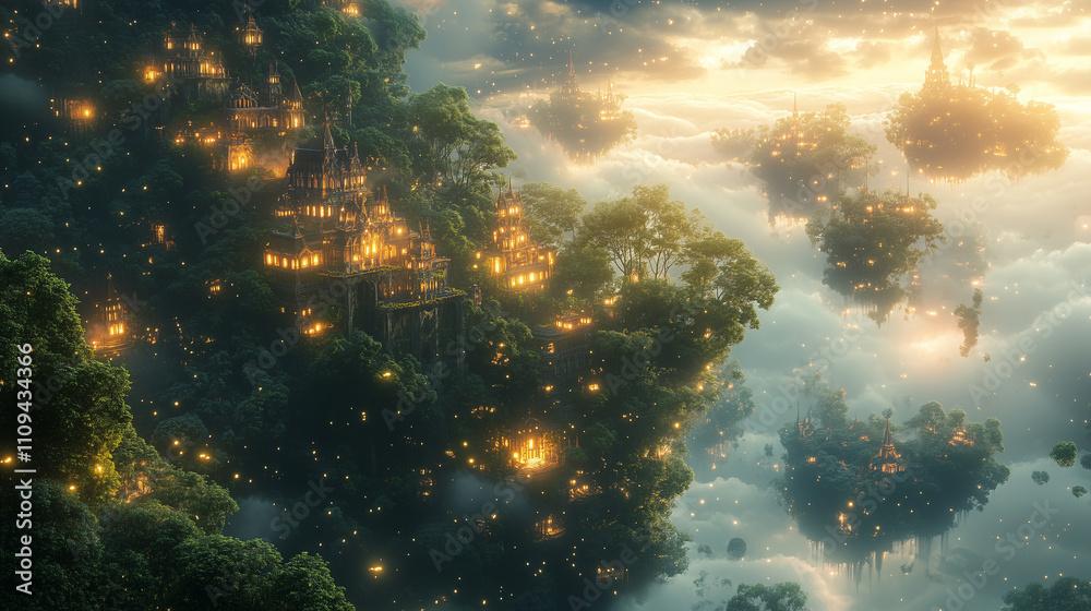 Fototapeta premium Whimsical floating villages illuminated by soft lights in a fantasy landscape at dusk