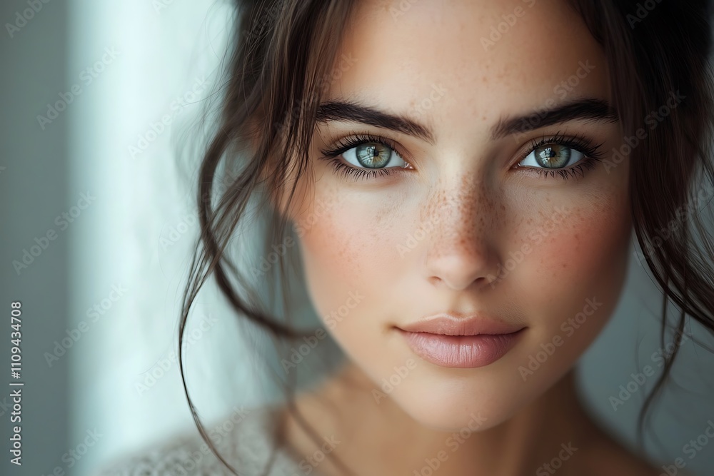 Woman Headshot Freckles, Green Eyes, Soft Lighting Woman Headshot Freckles, Green Eyes, Soft Lighting