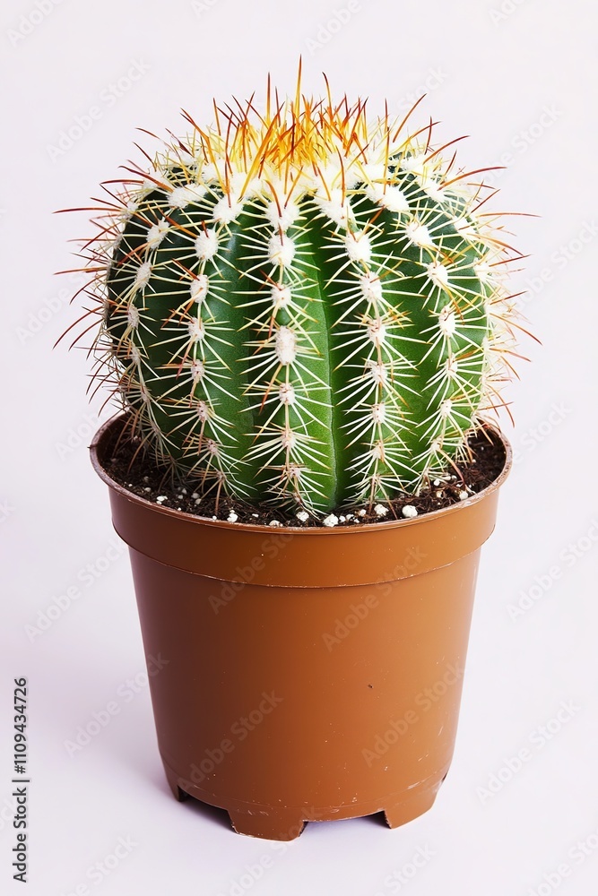 Bright green cactus with sharp spines in a brown pot.