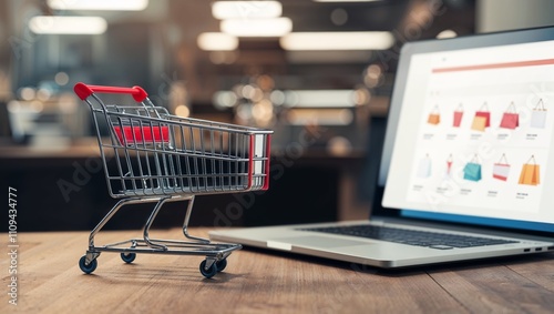 A red metal shopping cart, a common sight in supermarkets and online stores, symbolizes consumerism and the ease of modern purchasing