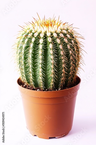 Bright green cactus in brown pot on white background