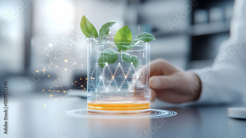 Biotechnology lab with transparent digital screens displaying genetic data, modern research facility photo