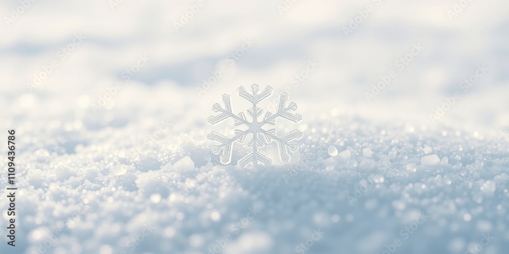 A single snowflake, frosted and delicate, stands out against a backdrop of pristine white snow, capturing the essence of winter's beauty.