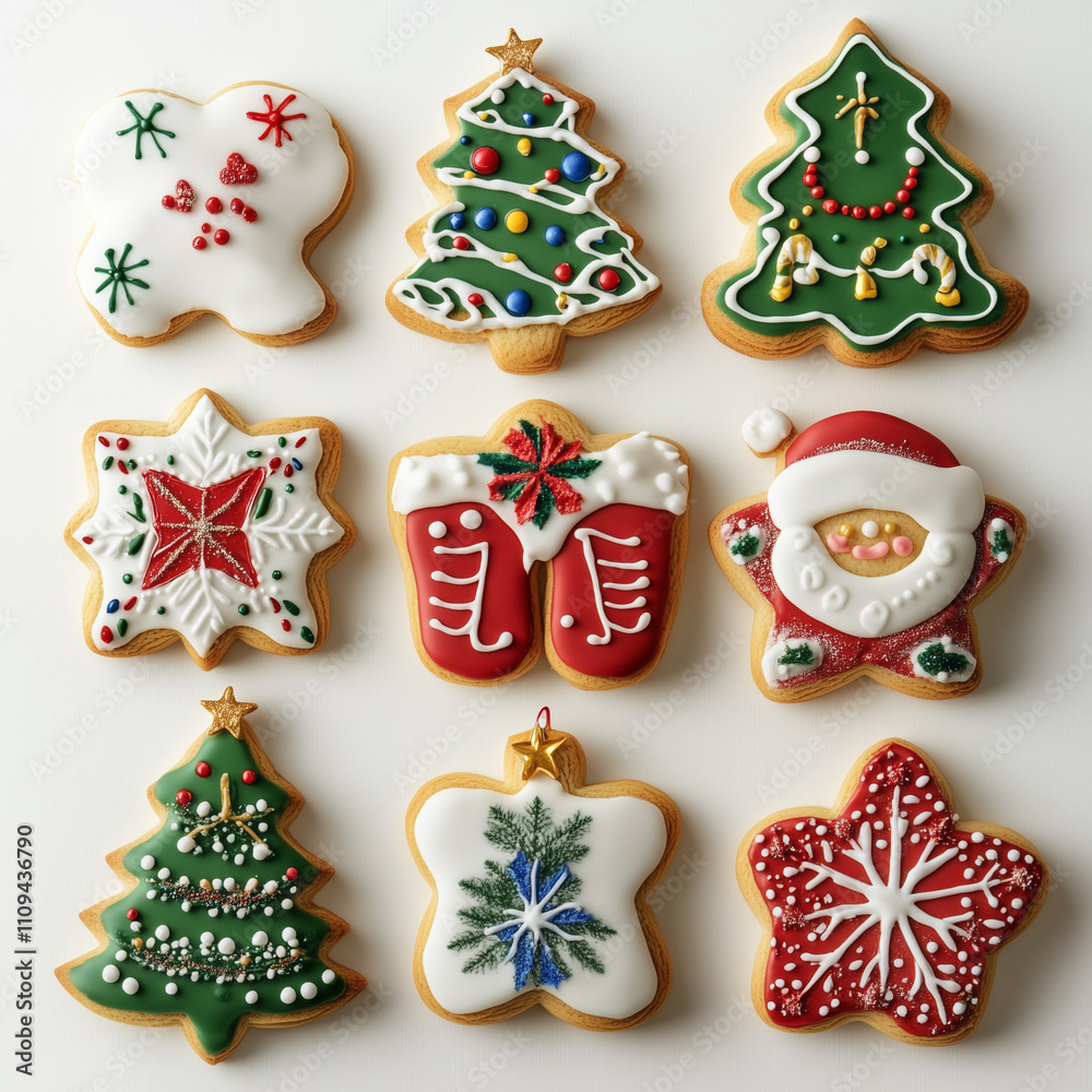 A collection of festive Christmas cookies decorated with colorful icing in the shapes of Christmas trees, snowflakes, Santa, stars, and other holiday symbols. Displayed on a white background A collection of festive Christmas cookies decorated with colorful icing in the shapes of Christmas trees, snowflakes, Santa, stars, and other holiday symbols. Displayed on a white background