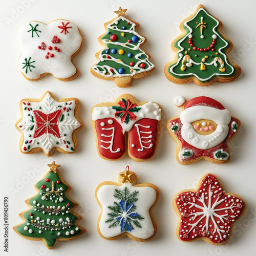 A collection of festive Christmas cookies decorated with colorful icing in the shapes of Christmas trees, snowflakes, Santa, stars, and other holiday symbols. Displayed on a white background