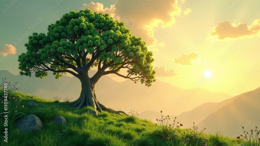 Fototapeta premium Majestic Tree Landscape Design, Grassy Meadow, Artistic AI Image, Stunning Scenery