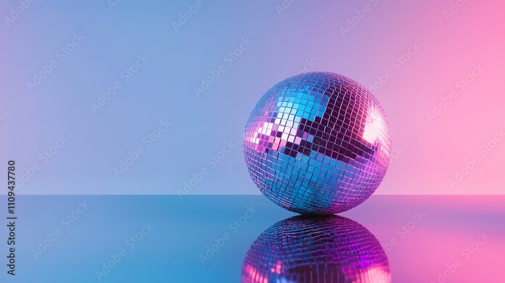 A mirrored disco ball rests on a smooth blue and purple surface with a gradient blue background. A mirrored disco ball rests on a smooth blue and purple surface with a gradient blue background.