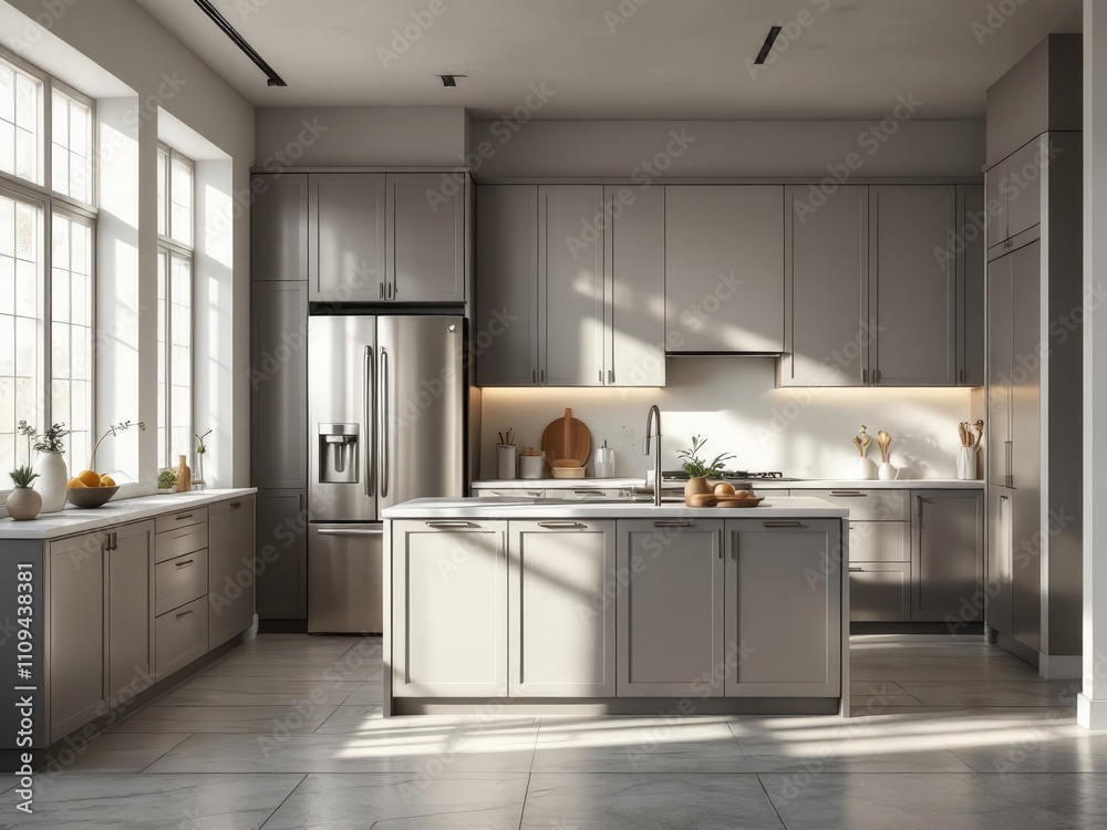 Gray kitchen's island, fridge, and documentary style. Gray kitchen's island, fridge, and documentary style.