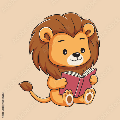 A cute lion reading a book. Cartoon illustration of vector art. Back to school theme