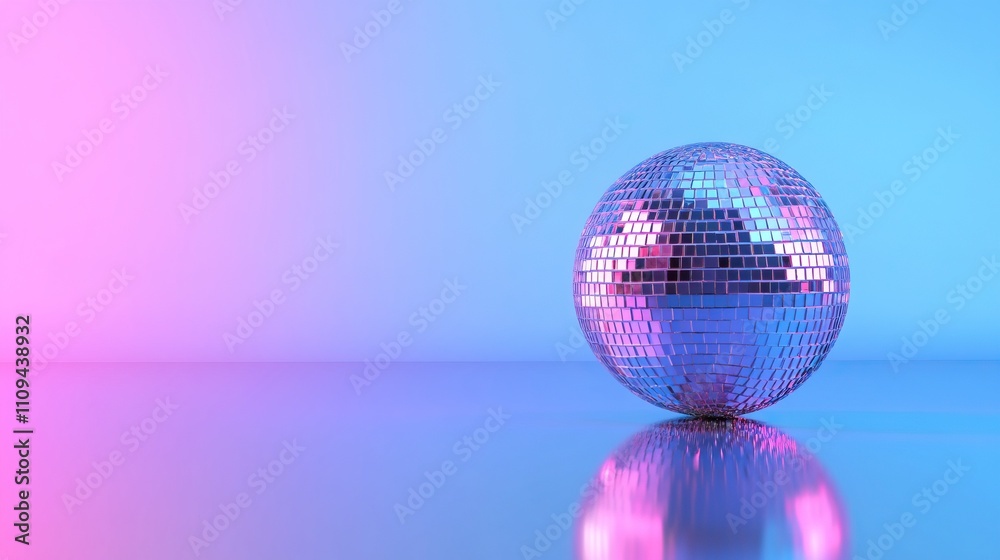A mirrored disco ball rests on a smooth blue and purple surface with a gradient blue background. A mirrored disco ball rests on a smooth blue and purple surface with a gradient blue background.