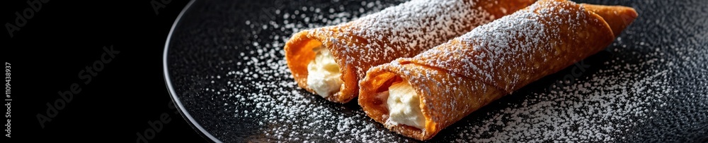 Two delicious crispy cannoli filled with creamy ricotta, dusted with powdered sugar on a dark plate.