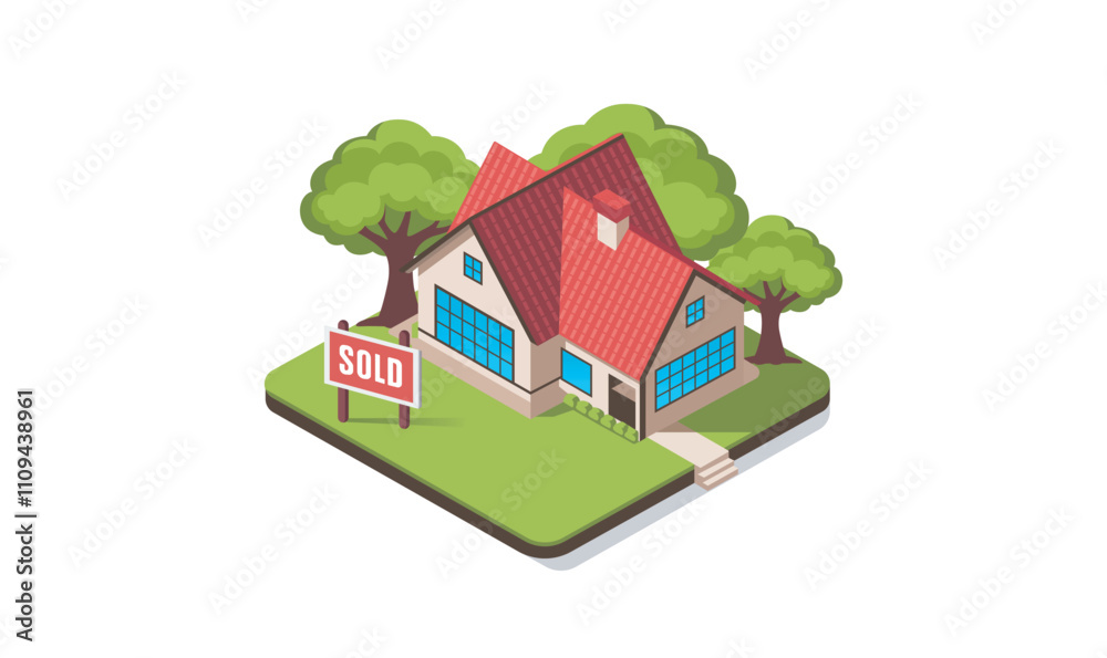 Cartoon 3D Flat Real Estate Property sold, Home Sale, Isometric house for sale Vectors & Illustrations Cartoon 3D Flat Real Estate Property sold, Home Sale, Isometric house for sale Vectors & Illustrations