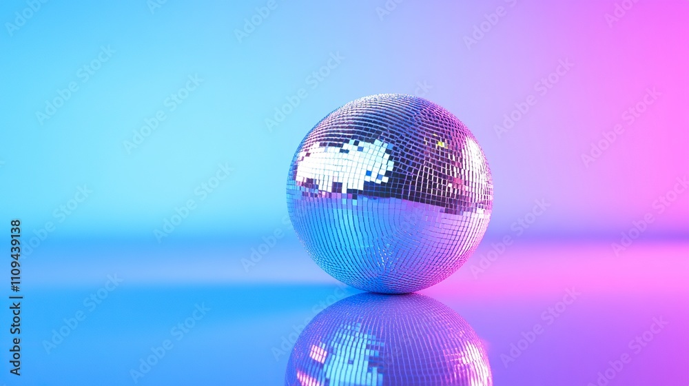 A mirrored disco ball rests on a smooth blue and purple surface with a gradient blue background. A mirrored disco ball rests on a smooth blue and purple surface with a gradient blue background.