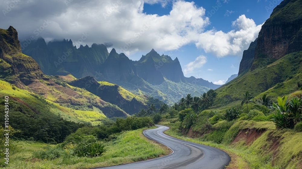 A scenic road winding through a lush green valley with towering mountains in the background. A scenic road winding through a lush green valley with towering mountains in the background.