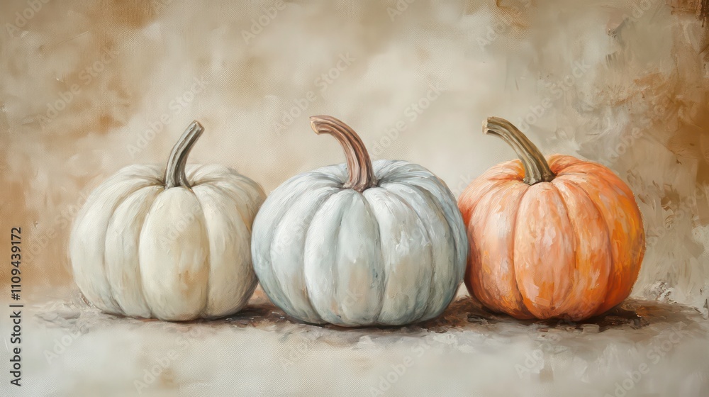 Three pumpkins in muted tones, cream, grey, and orange, arranged on a textured background. Three pumpkins in muted tones, cream, grey, and orange, arranged on a textured background.