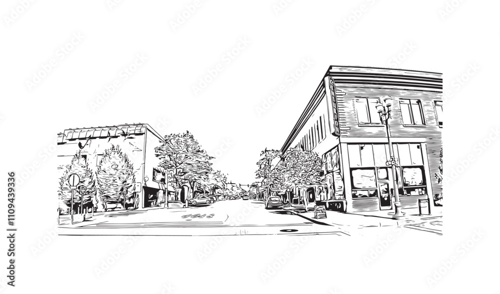 Print Building view with landmark of Vancouver is the city in USA. Hand drawn sketch illustration in vector.
