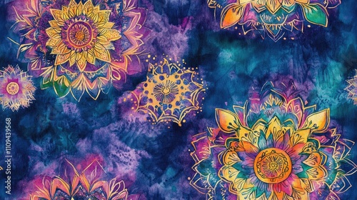 Seamless watercolor mandala pattern featuring ornate arabesque medallions ideal for fabric and wallpaper design bohemian decor traditional motifs