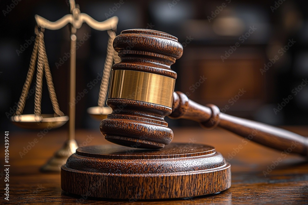 Focus on a judge's gavel with a team of justice lawyers in the background during a legal consultation meeting
