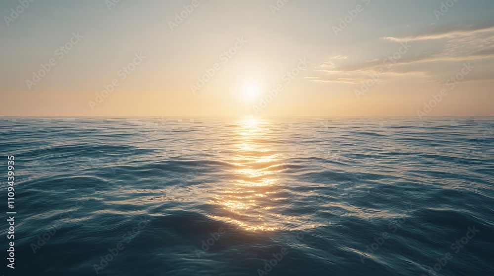 Obraz premium Serene ocean view at sunset, reflecting warm colors on gentle waves.