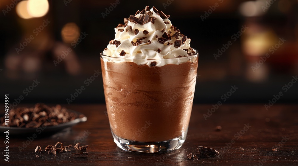 A creamy chocolate dessert topped with whipped cream and chocolate shavings, served in a glass on a rustic wooden surface. A creamy chocolate dessert topped with whipped cream and chocolate shavings, served in a glass on a rustic wooden surface.
