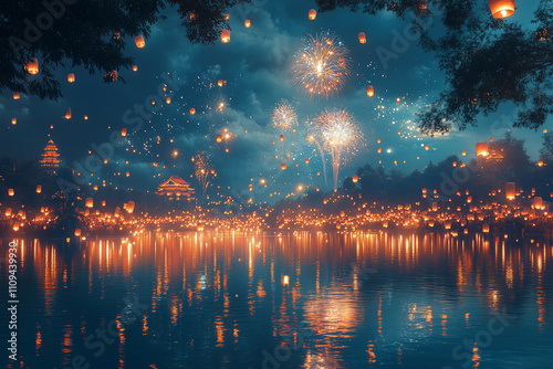 Spectacular festival of lights illuminated by floating lanterns at dusk near the river photo