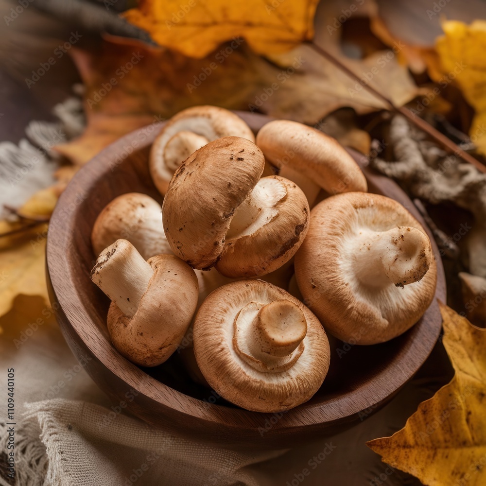 Freshly Harvested Mushrooms in a Wooden Bowl with Autumn Leaves Freshly Harvested Mushrooms in a Wooden Bowl with Autumn Leaves