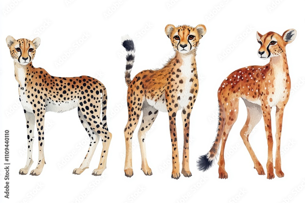 Obraz premium Three illustrated cheetahs showcasing different poses and patterns.