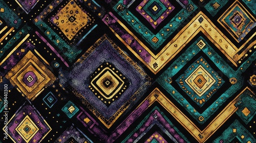 Seamless geometric embroidery pattern featuring vibrant black gold purple cyan and green colors ideal for textile design and vintage decor