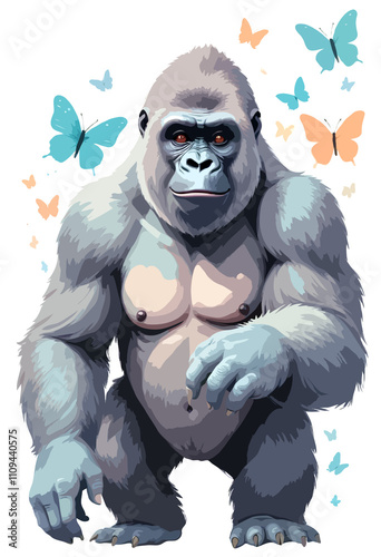 Gorilla Vector Painting Adorable Fun Animal Playing With Butterfly photo