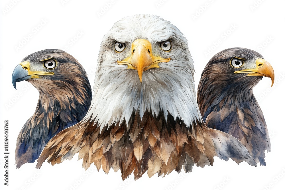 Fototapeta premium Three majestic eagles depicted in a detailed, artistic style.
