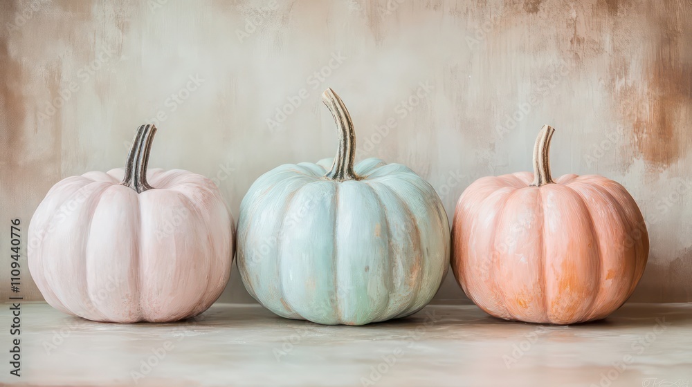 Three pastel pumpkins arranged in a row against a neutral background. Three pastel pumpkins arranged in a row against a neutral background.