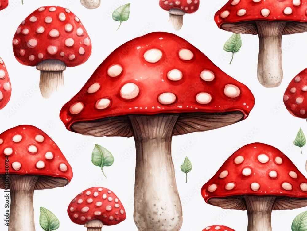 Red Color White Spotted Mushrooms in Soggy Repeating Patterns Red Color White Spotted Mushrooms in Soggy Repeating Patterns