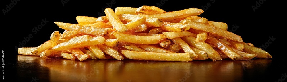 A delicious pile of golden, crispy French fries, perfectly cooked and ready to be enjoyed, set against a dark background. A delicious pile of golden, crispy French fries, perfectly cooked and ready to be enjoyed, set against a dark background.