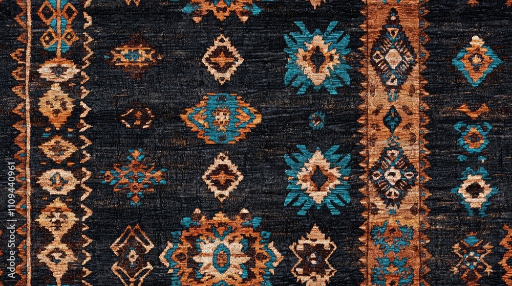Dark tribal seamless pattern featuring ethnic embroidery in rich brown and turquoise hues ideal for boho rug designs and vintage fabric applications Dark tribal seamless pattern featuring ethnic embroidery in rich brown and turquoise hues ideal for boho rug designs and vintage fabric applications