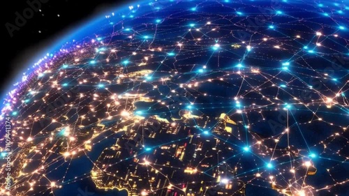 Global Network and Data Connections Concept: Digital Web Over Earth at Night
