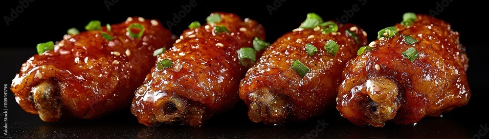 Crispy, glazed chicken wings garnished with green onions, served on a dark background, showcasing a savory and appetizing dish. Crispy, glazed chicken wings garnished with green onions, served on a dark background, showcasing a savory and appetizing dish.