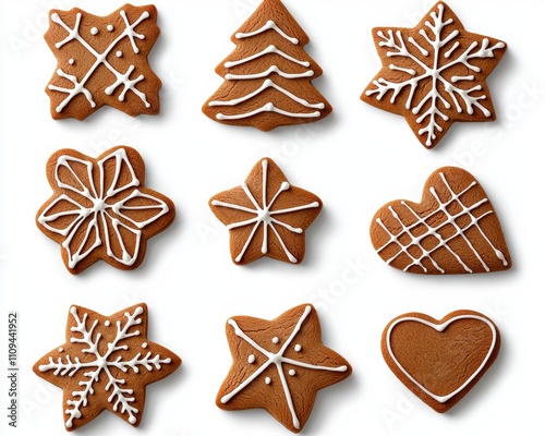 A collection of decorative gingerbread cookies in various festive shapes.