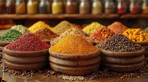 Spices in glass jars, including cinnamon, cloves, and coriander, placed on a wooden table ready for cooking
