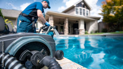 Service and maintenance of the pool. Dirty pool, Cleaning the pool floor with a high pressure water jet machine.