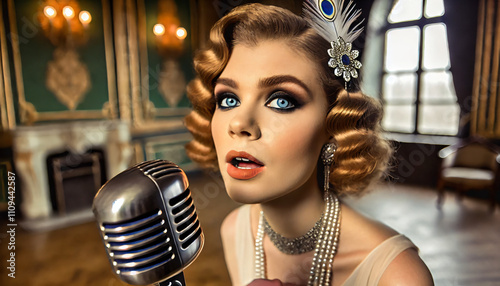 woman singer with retro microphone, Gatsby party  