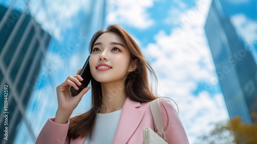 Young businesswoman on phone, smiling, looking up at skyscrapers. Free Download Young businesswoman on phone, smiling, looking up at skyscrapers. - GFXLoad